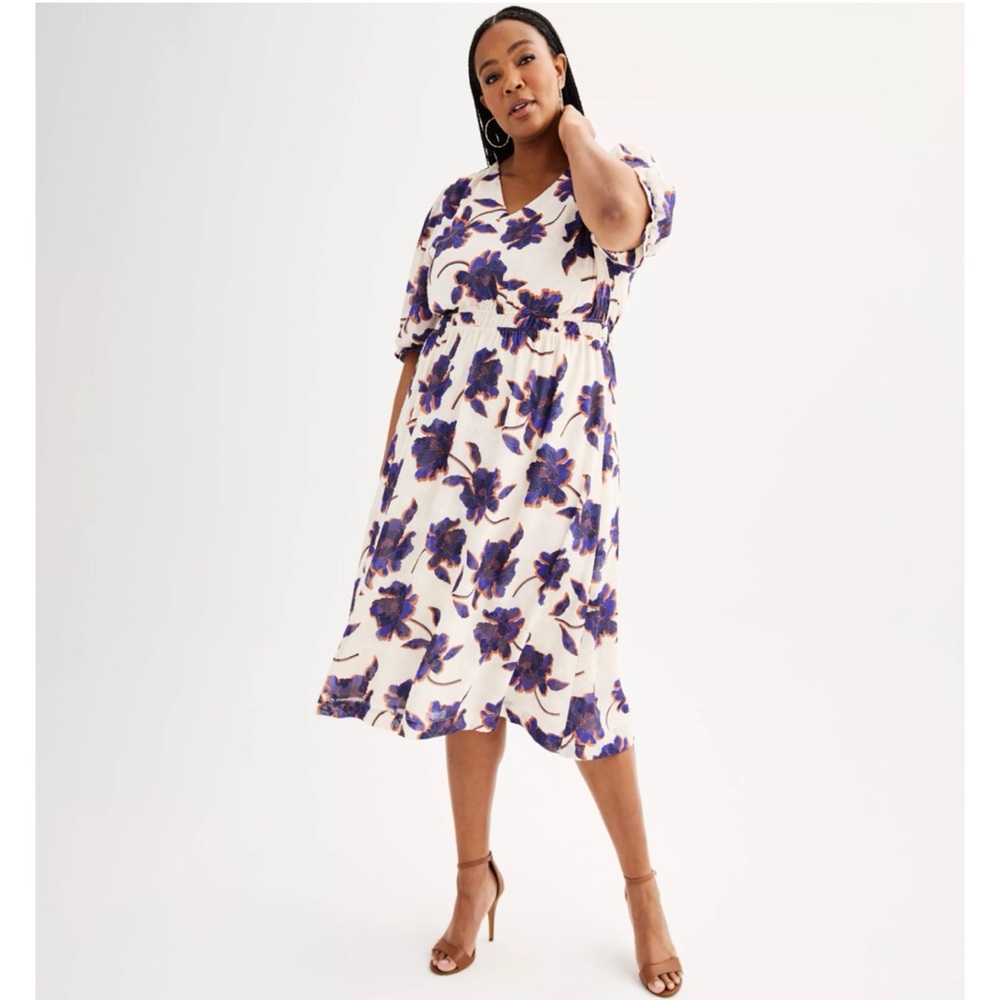 Draper James NWT 2X Jacquard Woven Midi Dress NEW Floral Lined V-Neck Wo…